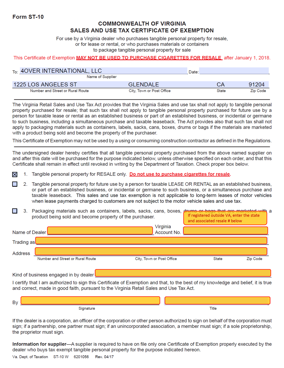 Tax Exempt Cert Information